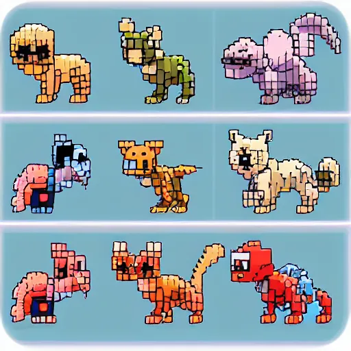 Image similar to Digimon inspired animals orthographic isometric 16-bit sprite sheet