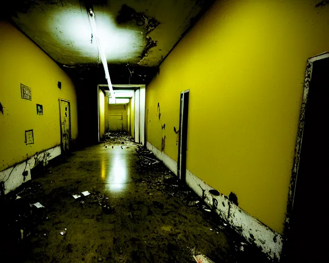 Image similar to the backrooms, the eerie forlorn atmosphere of a place that's usually bustling with people but is now abandoned and quiet, walls with tone of yellow, buzzing fluorescent lights, unsettling images, liminal space, dark