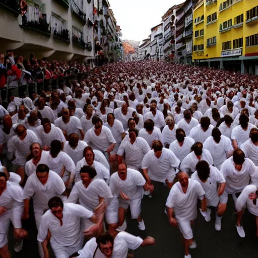 Prompt: the running of the gigantic screaming bob ross in pamplona spain