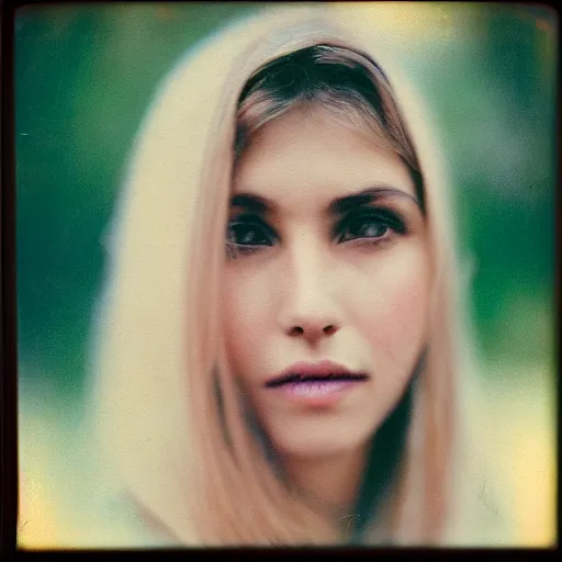 Image similar to portrait of a very pretty woman! symmetric face, a polaroid photo, petzval lens. featured on flickr, art photography, photo taken with provia, photo taken with ektachrome