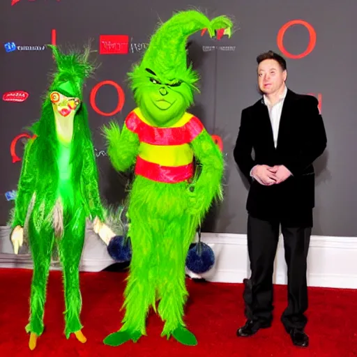 Image similar to elon musk cosplaying as the grinch, elon musk wearing a grinch costume, cosplay award winner