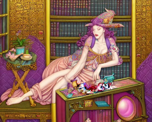 Image similar to a detailed fantasy pastel of a woman wizard in ornate clothing lounging on a purpur pillow on the marble floor in front of her bookcase in a room, reading an ancient tome. to the side is a potted plant, moody light. ancient retrofuturistic setting. 4 k key art. raytracing, perspective, by chie yoshii and casey weldon