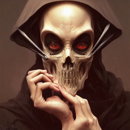 Image similar to portrait of grim reaper, intricate, elegant, highly detailed, digital painting, artstation, concept art, smooth, sharp focus, illustration, art by artgerm and greg rutkowski and alphonse mucha and william - adolphe bouguereau