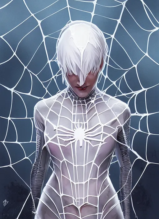 Prompt: symmetry! full body portrait of white haired girl in spider man suit, surrounded webs, highly detailed, digital art, artstation, concept art, smooth, sharp focus, greg rutkowski, rhads, wlop