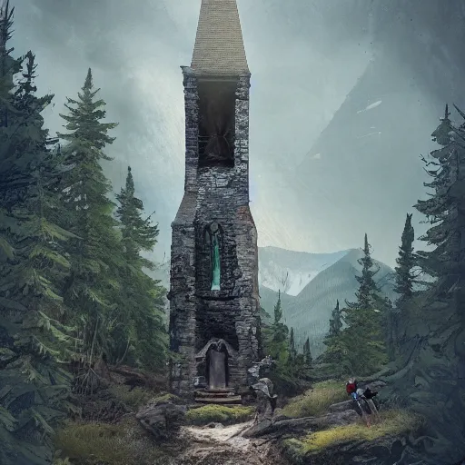 Image similar to a group of hikers stumble across a church steeple buried in the ground. artstation, illustration, concept art, forest, mountains