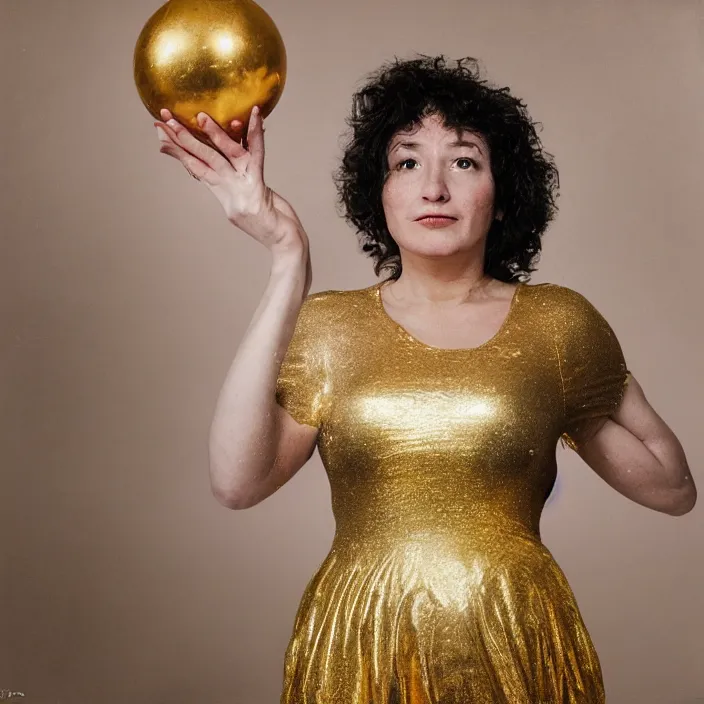 Prompt: a closeup portrait of a woman wrapped in plastic, standing next to a levitating gold orb, in a suburb, color photograph, by vincent desiderio, canon eos c 3 0 0, ƒ 1. 8, 3 5 mm, 8 k, medium - format print