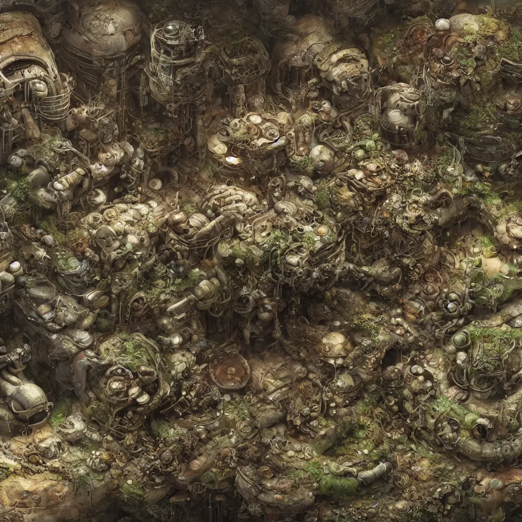 Image similar to a bio - mechanical tank with mushrooms as camouflage highly detailed, cinematic, perfect face, cyberpunk, fine details, studio lighting, subtle shadows, art by katsuya terada and hieronymus bosch, photo - realism, hyper realism, octane render