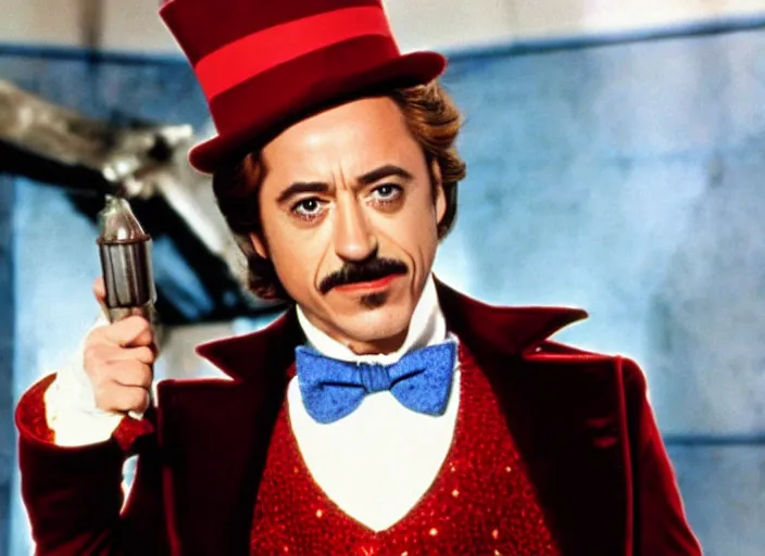 Image similar to film still of Robert Downey Jr as Willy Wonka in Willy Wonka and the Chocolate Factory 1971