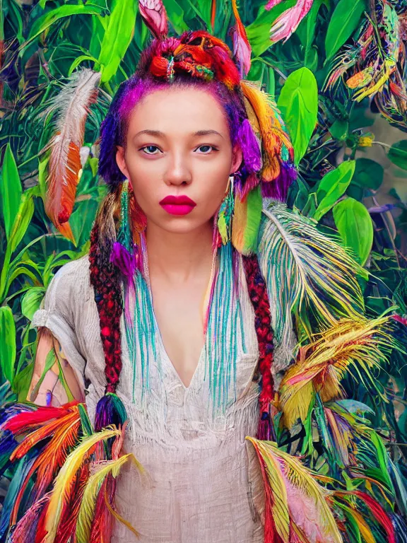 Image similar to beautiful portrait of a Subtropics minority female wearing fantastic Hand-dyed cotton dress, embellished beaded and feather decorative fringe knots ,colorful pigtail,among subtropical flowers and plants,symmetrical face,intricate, cute, playful,elegant, highly detailed, dim volumetric lighting, 8k,post-processing,digital painting, trending on artstation, concept art, sharp focus, illustration,by Steve McCurry and Tom Bagshaw and Daniel Gerhartz and Albert Aublet and Lawrence Alma-Tadema