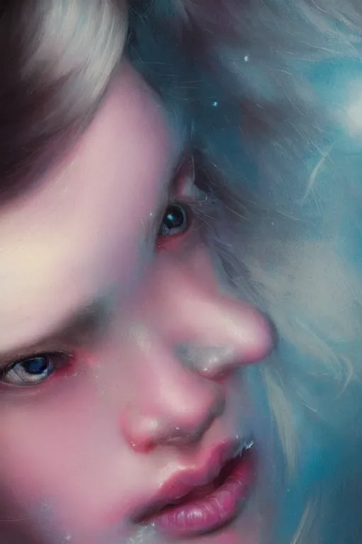 Image similar to a very pale skinned girl with deep blue eyes crying, neon pink tears, close up, highly detailed, intricate, sharp focus, subsurface scattering, art by caravaggio, greg rutkowski, sachin teng, thomas kindkade, ruan jia, norman rockwell, tom bagshaw.