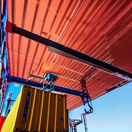 Prompt: digital photography of a crane lifting a container, shot from the ground looking up, close shot, clear sky