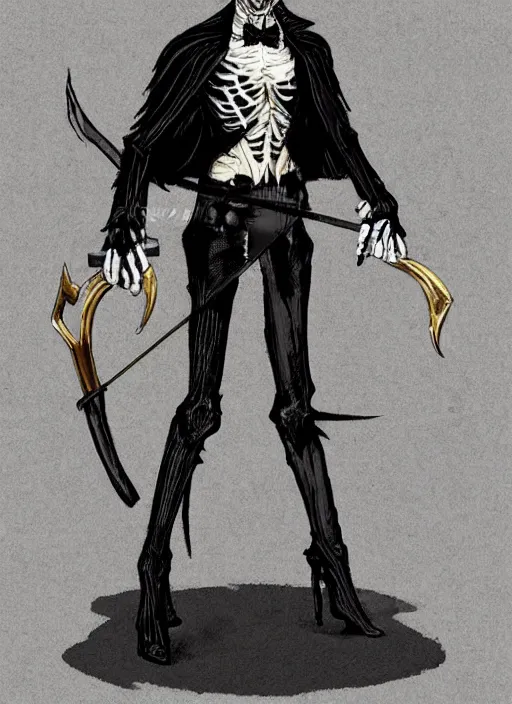 Image similar to DND character art, skeletal male figure, wearing a deep black suit!!! and tie and top hat, holding a gold! cane!, blue flames!!