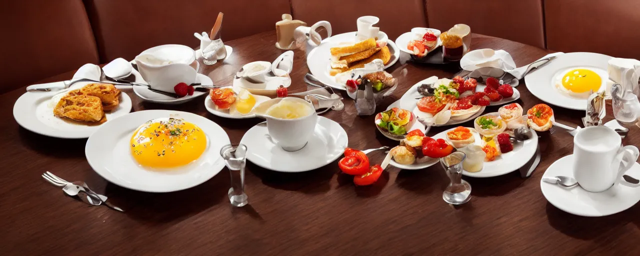 Prompt: Breakfast in five-star restaurant. Promotional Advertisement Photo.