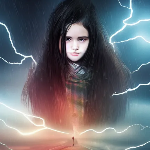 Prompt: mysterious young girl child with her long black hair dressed in a chequered robe, mysterious young girl is walking in strong wind and lightning storm, epic scene, atmospheric, surrounded by magical light, digital art, hd, 4 k, hyper detailed