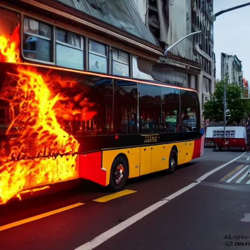 Image similar to autobus on fire with lcd screen saying 5 1 2 photorealistic. rule of thirds.