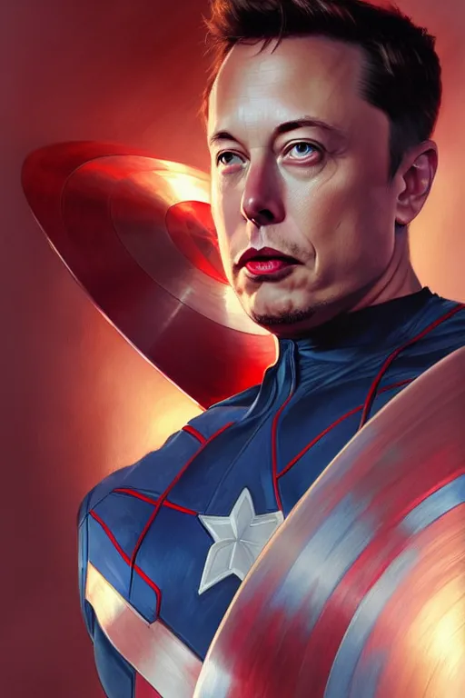 Image similar to elon musk as captain america, marvel character, portrait, highly detailed, digital painting, artstation, concept art, smooth, sharp focus, illustration, cinematic lighting, art by artgerm and greg rutkowski and alphonse mucha