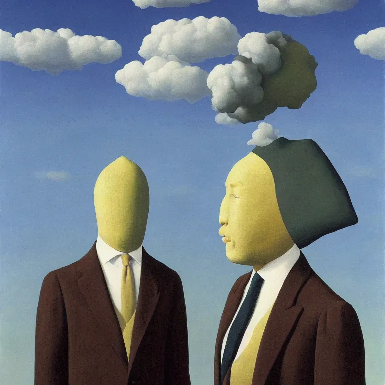 Image similar to portrait of a faceless sack - head man in a suit, clouds in the background, by rene magritte, detailed painting, distance, centered, hd, hq, high resolution, high detail, 4 k, 8 k