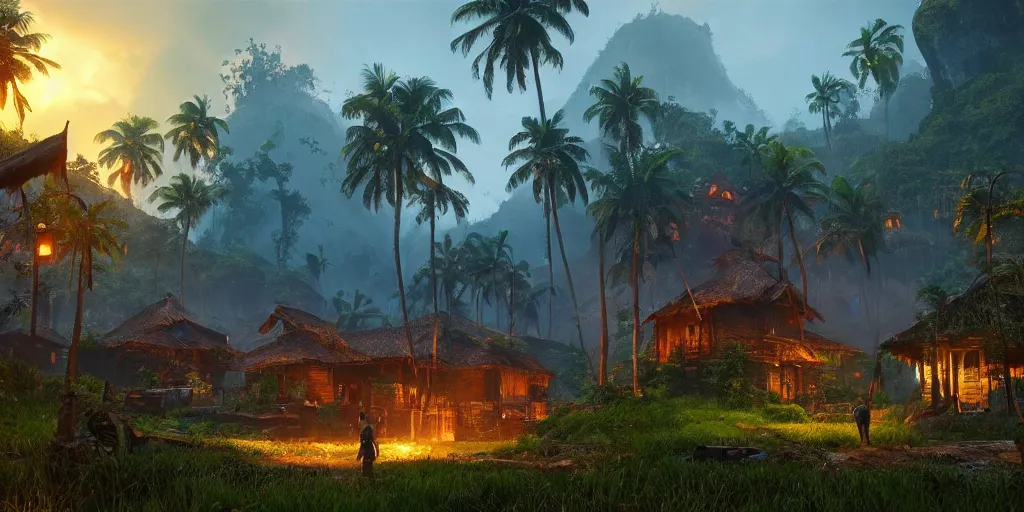 Image similar to establishing shot of a kerala village, an epic fantasy, dramatic lighting, cinematic, extremely high detail, photorealistic, cinematic lighting, matte painting, artstation, by simon stalenhag, Uncharted 4: A Thief's End