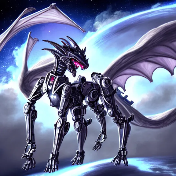Image similar to goddess shot, galactic sized stunning beautiful anthropomorphic robot mecha female dragon, in space, larger than planets, holding the earth, the earth a mere marble in her claws, detailed silver armor, epic proportions, epic scale, detailed digital art, furry, macro art, dragon art, giantess, warframe fanart, furaffinity, deviantart, realistic