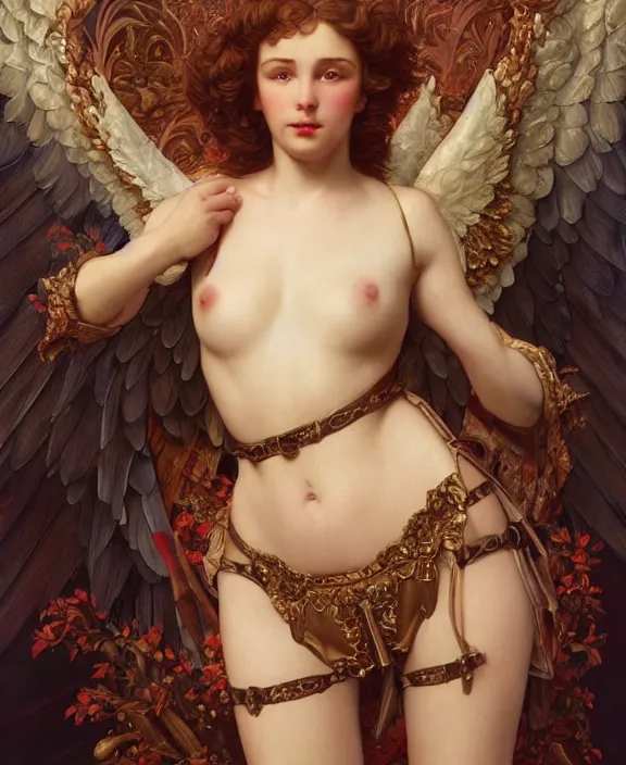 Image similar to a detailed hyperrealistic renaissance angel wearing an intricate leather garters set, honey birdette, realistic renaissance portrait, highly detailed, digital painting, artstation, concept art, smooth, sharp focus, illustration, cinematic lighting, art by artgerm and wlop and alphonse mucha and jacques louis david and john william godward