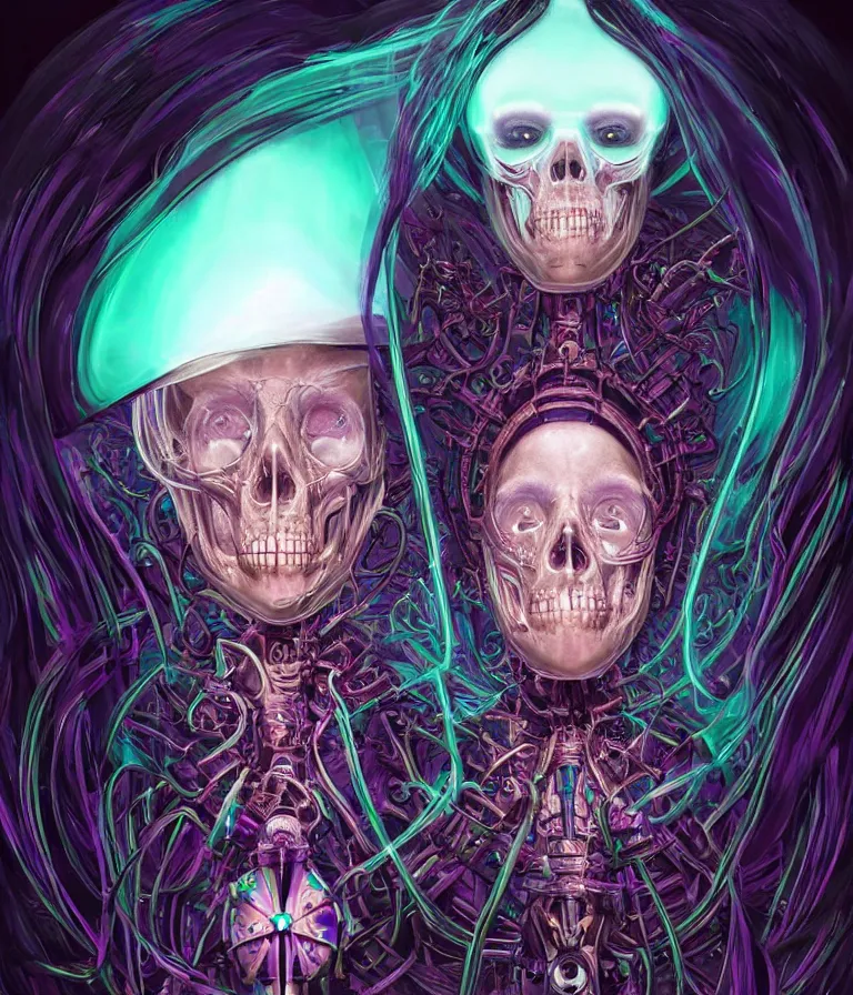 Image similar to fully symmetrical centered iridescent portrait of a beautiful princess of death in robe. skulls artificial muscles, ribcage, bones, hard surface modelling. cyberpunk look. biomechanical mask. bio luminescent biomechanical halo around head. neon jellyfish. artwork by jarold Sng by artgerm, by Eddie Mendoza, by Peter mohrbacher by tooth wu, unreal engine, octane render, cinematic light, high details, iridescent colors, dichroic, macro, depth of field, blur