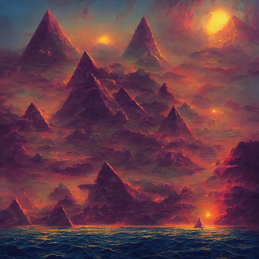 Prompt: A beautiful painting of A dark Pyramid at Sea In style of Paul Lehr and Greg Rutkowski.highly realistic,hyper detailed,4k,digital art,Retro Futurism Art