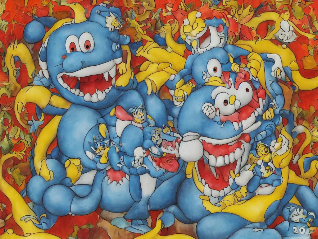 Prompt: A Doraemon Dorami Fractal Dragon statue, painted by Botero