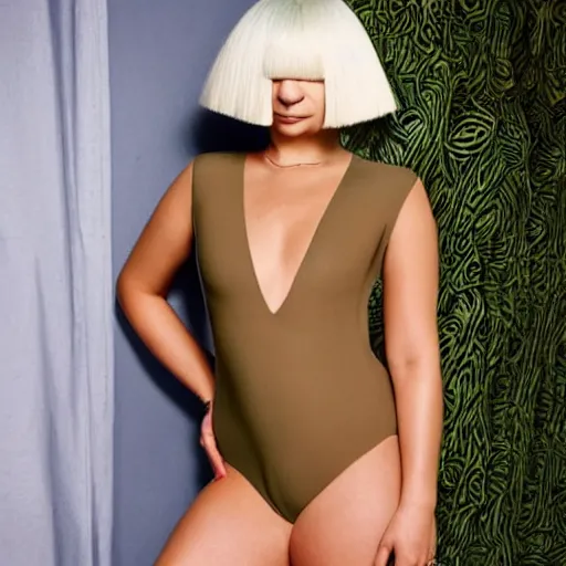 Image similar to sia furler wearing a skin colored leotard full body artistic photoshoot