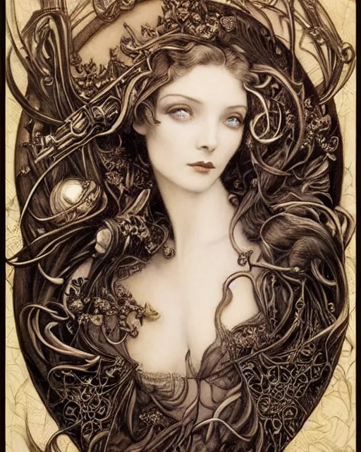 Prompt: in the style of beautiful vivien leigh, steampunk, detailed and intricate by jean delville, gustave dore and marco mazzoni, art nouveau, symbolist, visionary, gothic, pre - raphaelite
