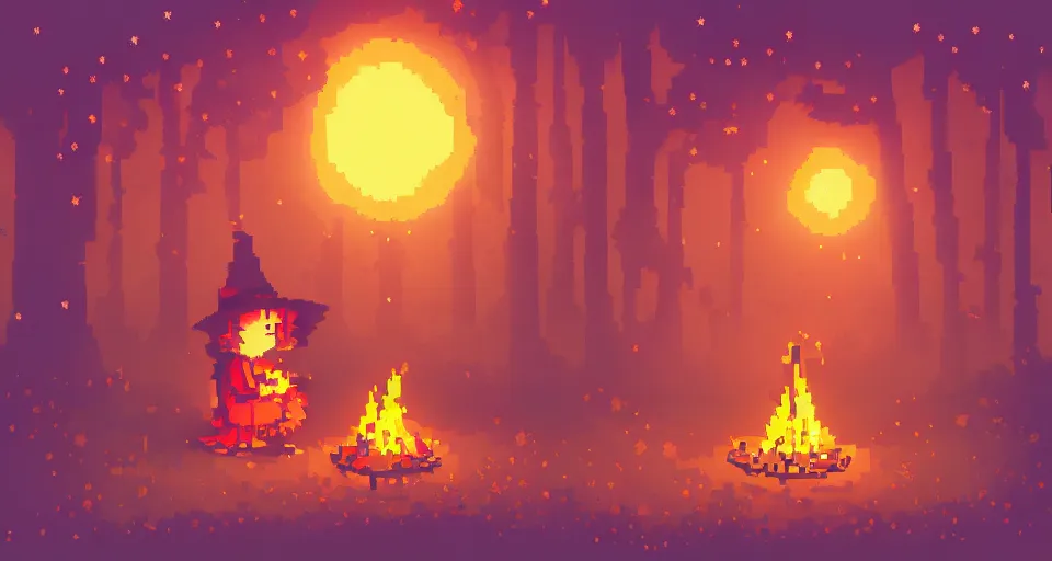 Image similar to Pixelart of a small cute witch sitting at a cozy bonfire in the forest meadow under starry sky, volumetric lighting, digital pixel art, pixiv, by Aenami