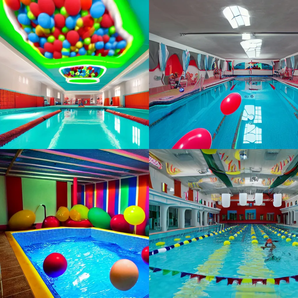 Prompt: a clown-themed indoor pool with cheap fluorescent lighting and low render distance