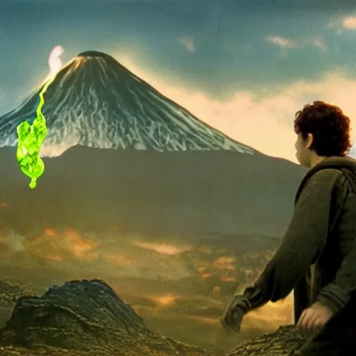 Prompt: Frodo throwing Mountain Dew into Mt Doom, photorealistic, film