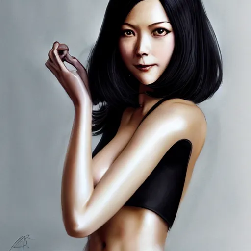 Prompt: hyperrealistic full - body portrait of beautiful journalist alex wagner as a dark - haired nier automata, with black bob hairstyle and mischievous smile, by ross tran, mucha, moebius, manara, wlop, mucha, hd, dramatic lighting and intricate background, beautiful, glamorous, award winning