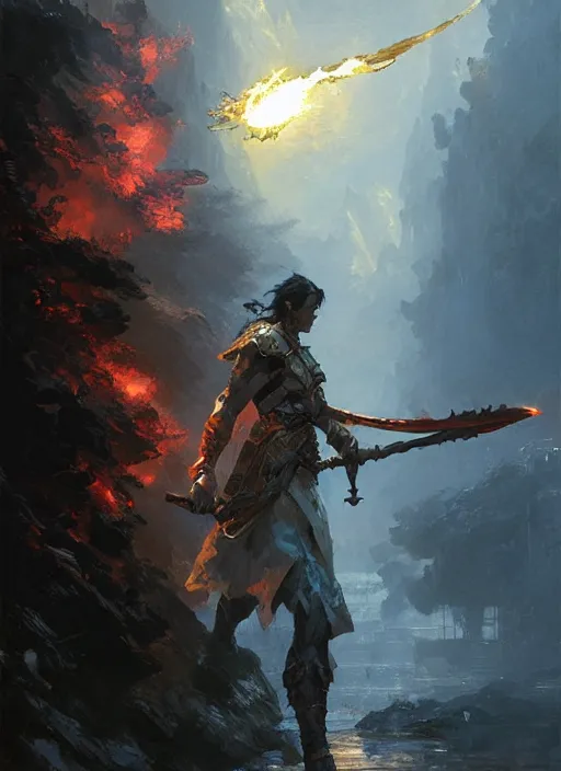 Image similar to 4k , fire sword, art by greg rutkowski, art by craig mullins, art by thomas kincade, art by Yoshitaka Amano