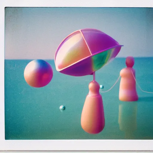 Image similar to a pastel colour high fidelity Polaroid art photo from a holiday album at a seaside with abstract inflatable parachute furniture and spheres, all objects made of transparent iridescent Perspex and metallic silver, no people, iridescence, nostalgic