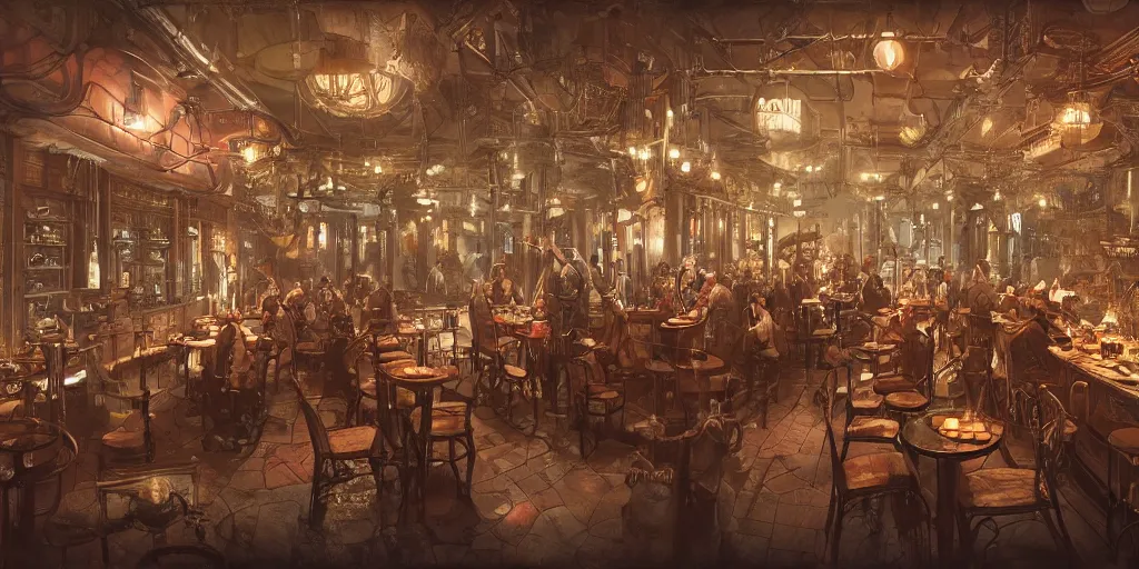 Image similar to Steampunk restaurant overview mapa design, Moebius, Greg Rutkowski, Zabrocki, Karlkka, Jayison Devadas, Phuoc Quan, trending on Artstation, 8K, ultra wide angle, pincushion lens effect