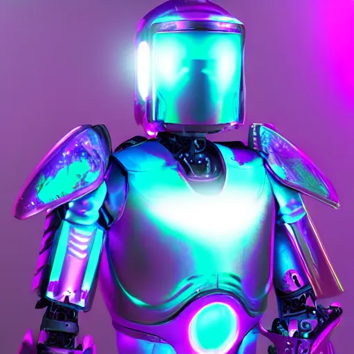 Image similar to robot paladin space warrior knight futuristic with glowing pink hologram angel wings, cinematic lighting, HD, high details, atmospheric