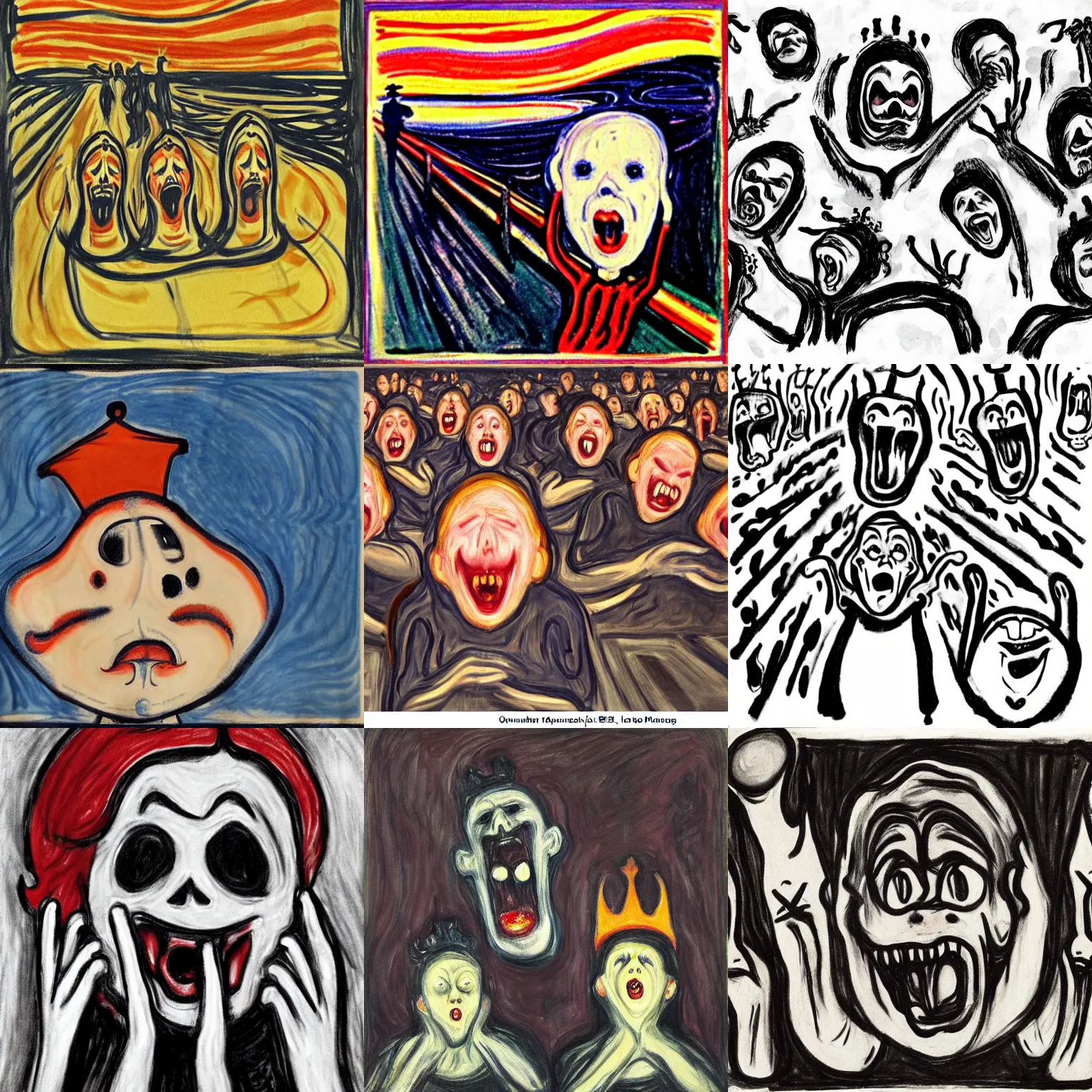 Prompt: panicking crown in the style of scream by norwegian artist edvard munch panicking figures running around