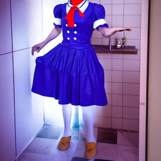 Image similar to the Joker wearing maid dress in restroom, fully body photo, realistic, blue lighting