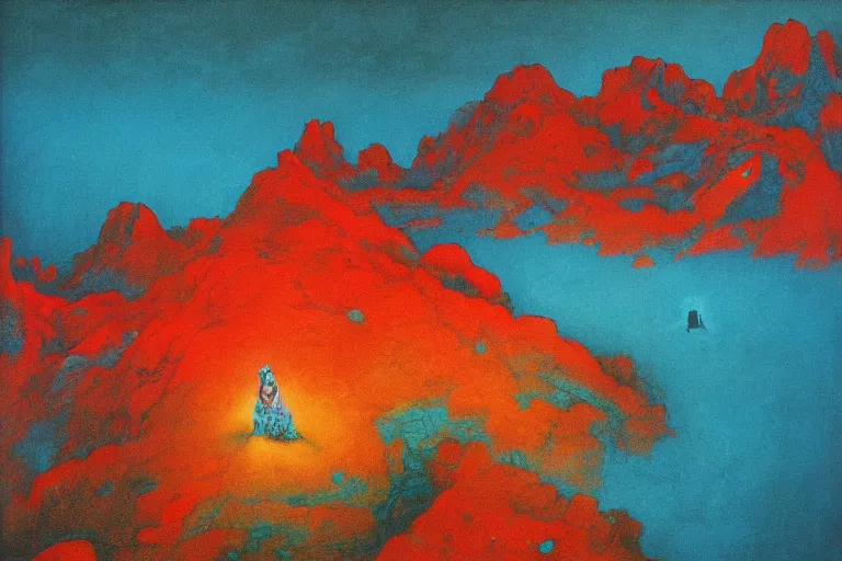 Image similar to craggy rock plains, art by beksinski and pauline baynes, trending on artstation, iridescent cool blue and cyan and red and blue and yellow and green lighting camera view from above surrealism, very very intricate, concept art, fisheye lens, situationist international