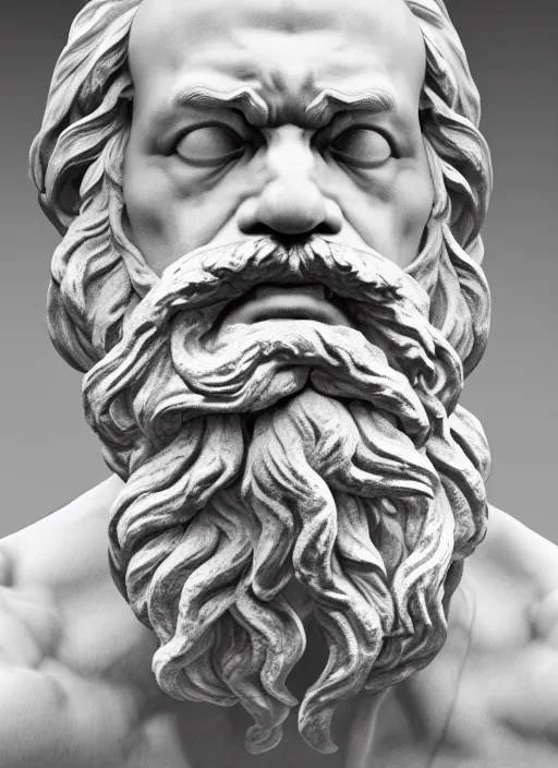 Image similar to a statue made of white marble with gold veins, of karl marx, transhumanism, full body shot, perfect symmetrical body, perfect symmetrical face, hyper realistic, hyper detailed, by johannen voss, by peter kemp, by monia merlo, by michelangelo, by ernst haeckel, by alex grey, octane render, blender, 8 k