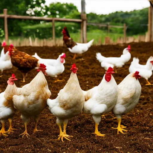Image similar to photo of a chicken with no head stand in a farm with other regular chickens, higly detailed, 8 k, photorealistic