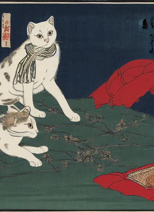 Image similar to whitecat with 2 baby white cats of utagawa hiroshige, digital painting 4 k uhd image, highly detailed