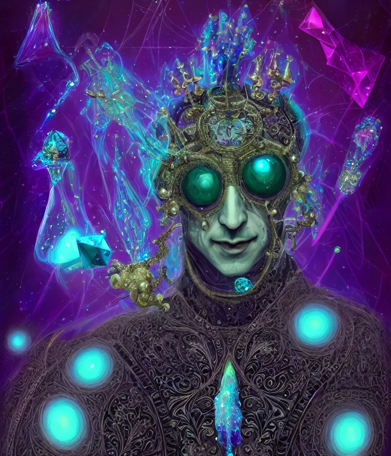 Image similar to front!!! shot of a court jester!!! character, mesmerizing fractal hypercubes, dark holography!!!, future, oil slick nebula, crystalline edges, (((intricate quartz))), elegant, highly detailed, centered, (((artstation, concept art, smooth, sharp focus, artgerm, Tomasz Alen Kopera, Peter Mohrbacher, donato giancola, Joseph Christian Leyendecker, WLOP, Boris Vallejo))), ((raytracing)), mugshot!!!!!, ugly!!!!!!, octane render, nvidia raytracing demo, octane render, nvidia raytracing demo, octane render, nvidia raytracing demo, grainy, muted, 8K, digitalblasphemy, metatron