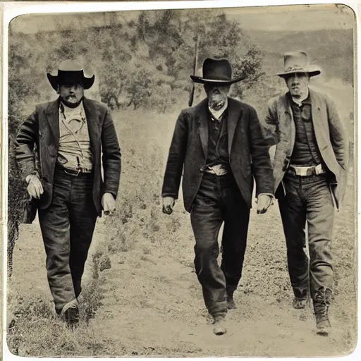 Image similar to a platinotype photo of three men from the old west going to an old burial ground to exhume it from a terrorizing creature which is terrorizing a tribe