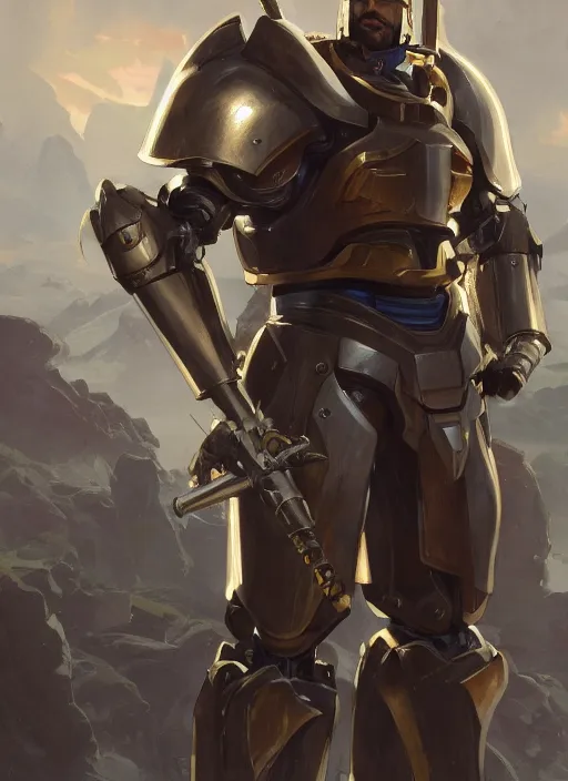 Image similar to medium-length portrait of a male paladin with short curly hair and a dark beard, dark brown skin, happy expression, wears a suit of power armor, gundam, buster sword, medieval setting, highly detailed, digital painting, artstation, concept art, sharp focus, illustration, art by greg rutkowski and alphonse mucha
