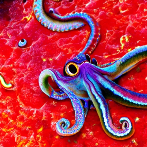 Image similar to fiery whimsical emotional eyes cephalopod, in a photorealistic macro photograph with shallow dof, in the deepest seas of the unconscious psyche