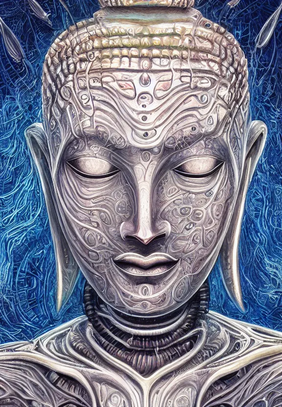 Image similar to perfectly centered portrait, front view of a beautiful biomechanical alien android robot buddha, female, flowing hair, intense stare, sarcastic smile, symmetrical, concept art, intricate detail, volumetric shadows and lighting, realistic oil painting by alex grey and gustave dore,