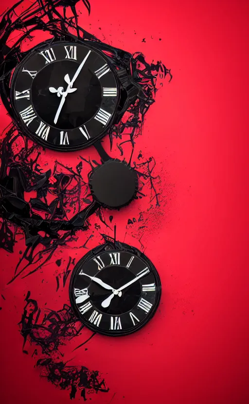 Image similar to a melting Roman numeral clock, behind a red and black gradient background, awith a black heart shaped on the top left corner and a black diamond card shape in the bottom right corner, dynamic lighting, photorealistic fantasy concept art, trending on art station, stunning visuals, cinematic, creative, ultra detailed