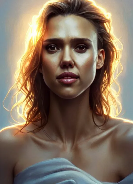 Image similar to half Jessica Alba half Nathalie Portman half scarlett johansonna pure attractive godess, full body portrait, slight smile, diffuse natural sun lights, autumn lights, highly detailed, digital painting, artstation, concept art, sharp focus, illustration, art by wlop and greg rutkowski and alphonse mucha and artgerm